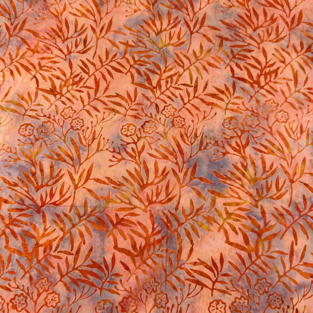 Orange Flower and Leaves Batik Cotton Fabric | Hand Dyed | 1/2 Yard